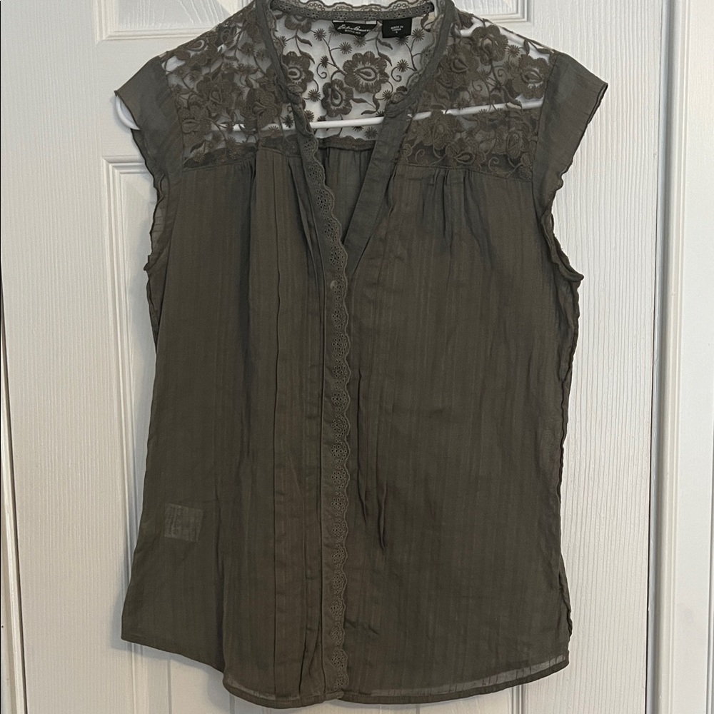 Eddie Bauer Olive Lace Detail Blouse